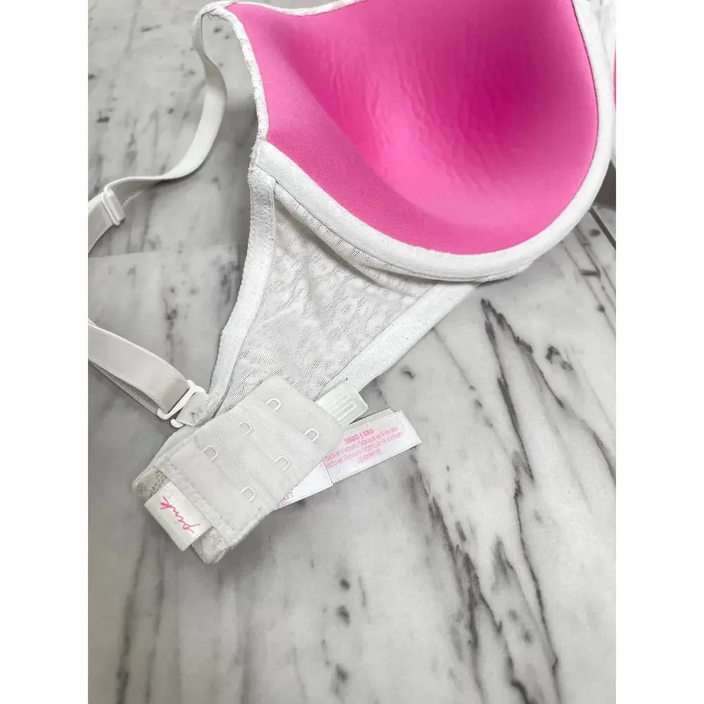 PINK Victoria’s Secret 36DD Bra White Lace Leopard Hot Print  Pink Lining
